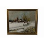 An oil on canvas of a Winter landscape, with thawing snow, trees and a building in the background,