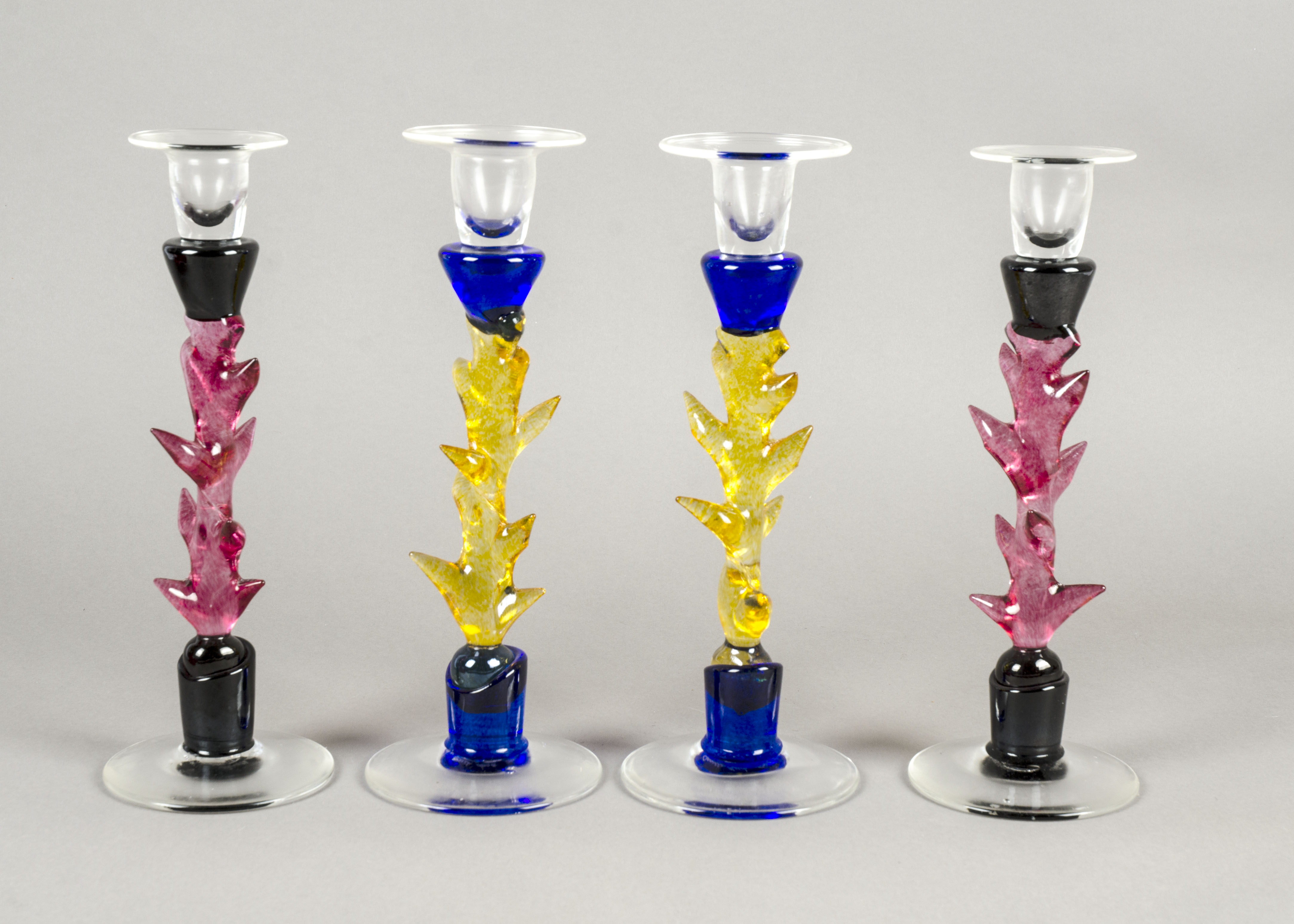 Annette Meech (b1948) for The Glasshouse, four mid Century modern studio glass candlestick