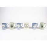 Ten 1970's & 1980's Wedgwood Jasperware Christmas Mugs, blue and white design decorated with