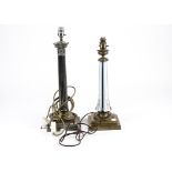 A pair of late Victorian lamp bases, one a silver plated Corinthian example upon a square base,