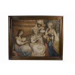 A late 19th/early 20th Century watercolour study, of three affluent women and a child socialising,