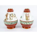 A pair of continental soft porcelain vases, of bulbous form, decorated with Roman figures and orange