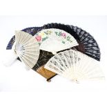 Seven 20th Century European and Asian folding fans, one with mother of pearl sticks and guards and a