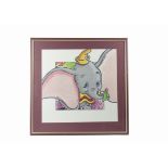 A signed print of Dumbo the elephant, the animated character from the 1941 Disney film, adopting a