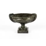 A late 18th/early 19th Century carved green marble pedestal tazza, with a pair of lizard handles,