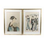 A pair of Japanese woodblock prints, depicting women in traditional dress, 38cm x 26cm, framed and
