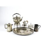 A large quantity of silver plate including a spirit kettle teapot on burner stand, a three branch
