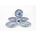 Two near pairs of octagonal blue and white Chinese export plates, together with another similar,