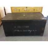 A metal bound pine military campaign trunk, printed 'J. Thompson, 5th Royal Innis DGN GDS' (In