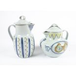 Two Buchan Portabello Scottish stoneware lidded jugs, one with blue dash and yellow trellis