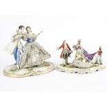 Two Muller Volkstedt & Co Seedorf Dresden figurines, both with Dresden lace applied to the edges