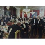 20th Century acrylic on canvas, showing a busy state banquet taking place in a grand room, signed ‘