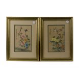 A pair of Japanese watercolours, each painted on fabric and depicting two different species of birds