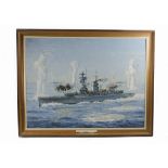 John S. Smith (British) 20th Century oil on canvas, depicting battleships exchanging gunfire, plaque