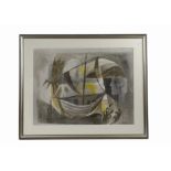 A 20th Century watercolour on canvas, of expressionist figures, the sun and moon, in grey, brown,