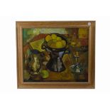 A 20th Century still life on canvas of fruits and tableware, in the post impressionist tradition,