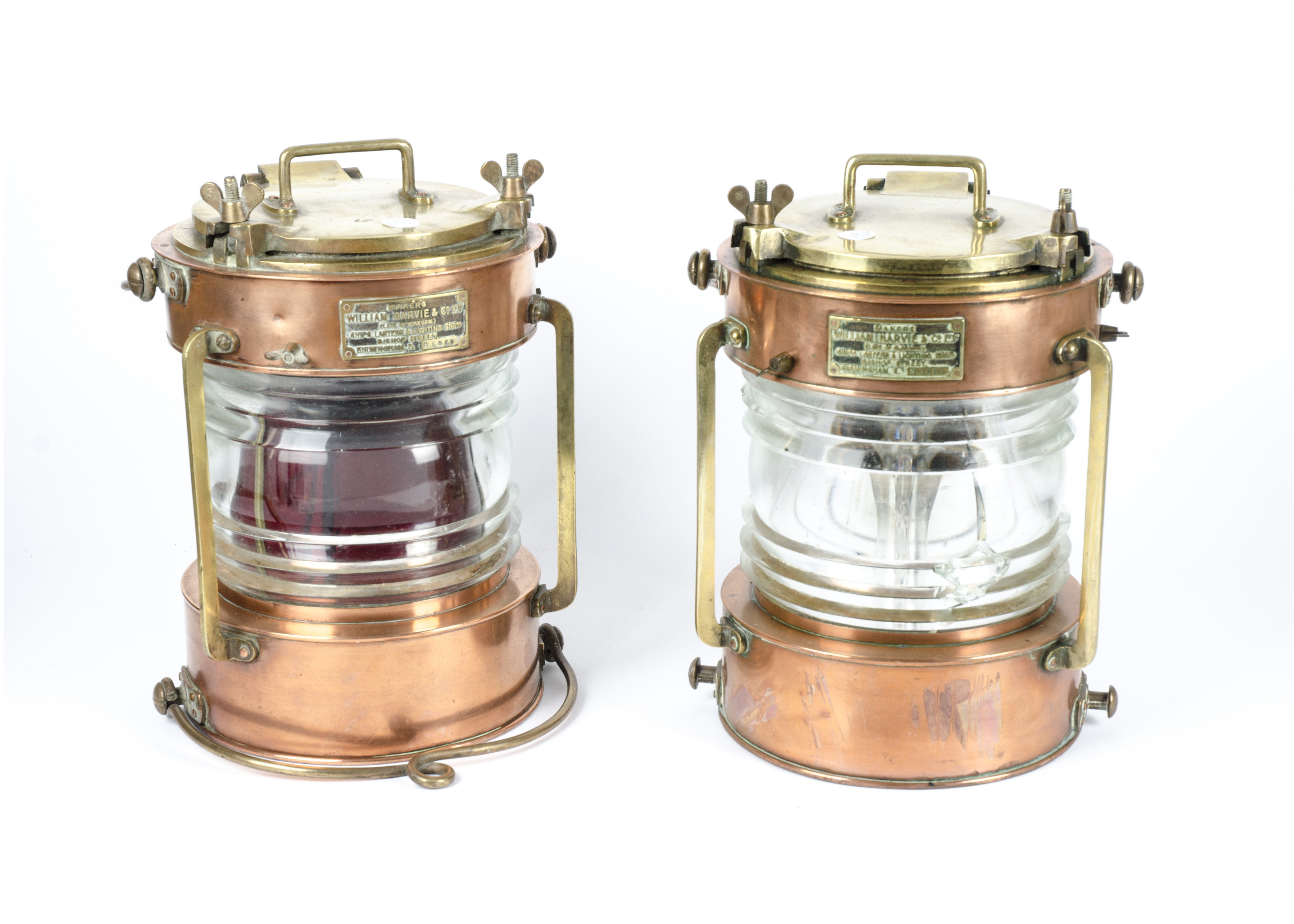 A pair of William Harvie & Co Ltd Birmingham copper and brass ship's lamps, bearing serial numbers