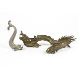 Three metal work items, an outstretched Oriental brass dragon with open mouth, length 36cm, a