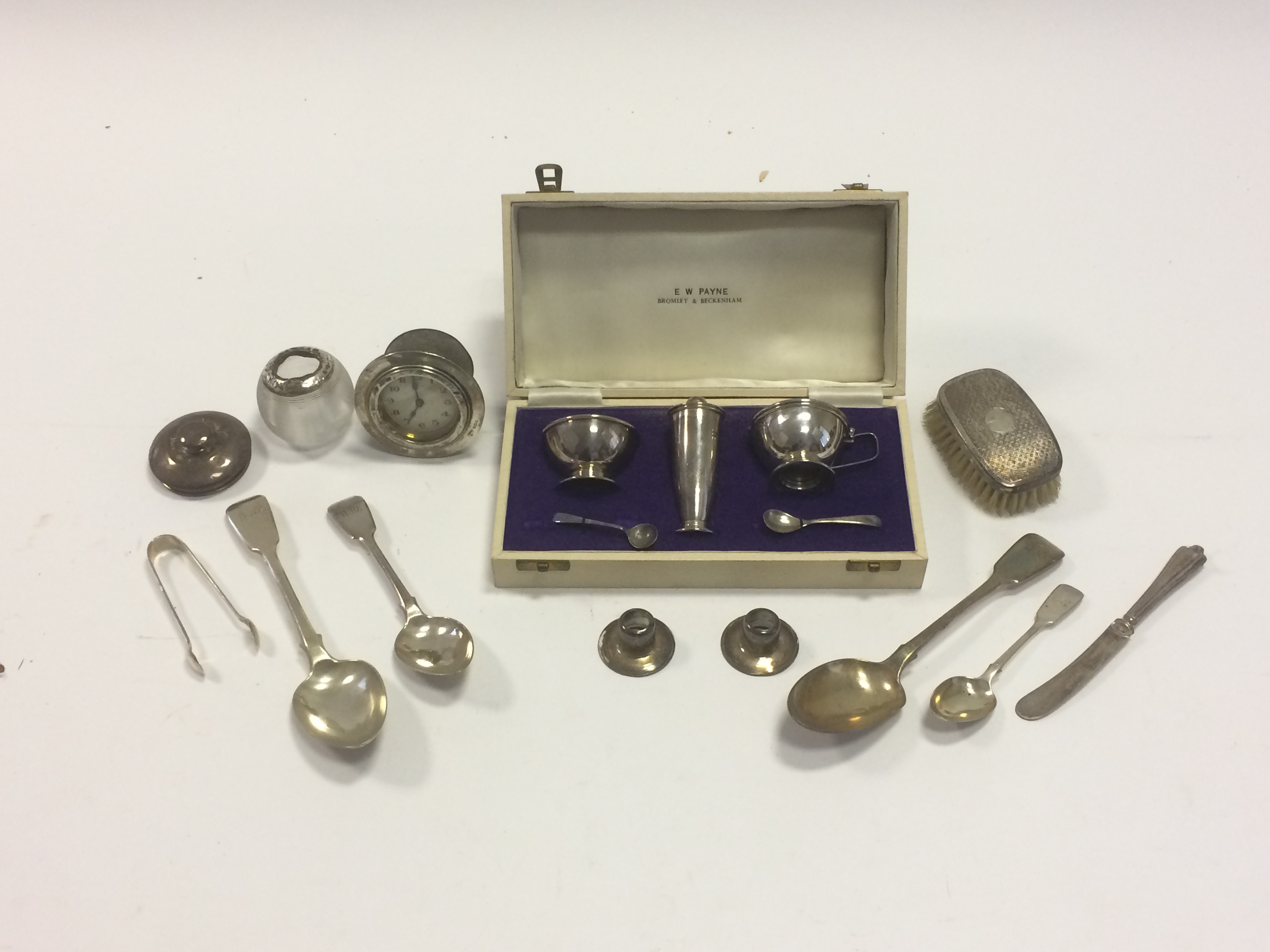 A collection of George III and later silver, including a boxed condiment set c1989 including a