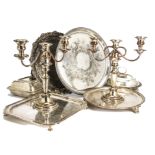 A pair of mid 19th century Sheffield plated candelabra, together with a Walker & Hall plated