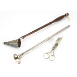 An Edwardian silver trumpet candle snuffer, together with a modern silver and wooden handled snuffer