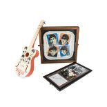The Beatles, a framed and glazed Beatles tray, a 1960s Selcol toy guitar has missing string and