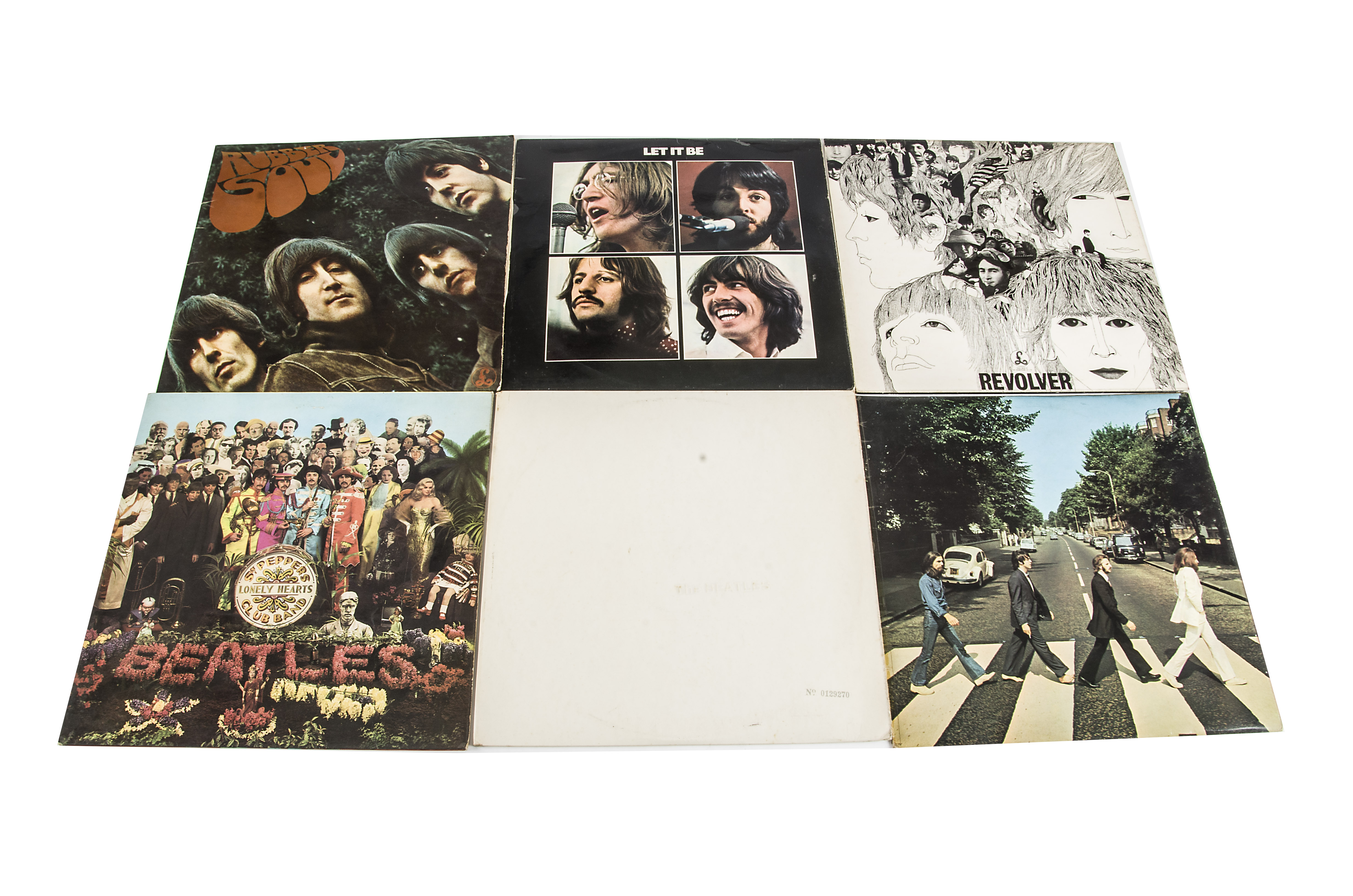 Beatles LPs, nine UK release Beatles albums comprising Rubber Soul, Sgt Pepper, White Album (