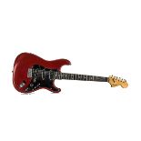 Fender Guitar, a red electric guitar labelled Fender Stratocaster - possibly late 1970s, neck