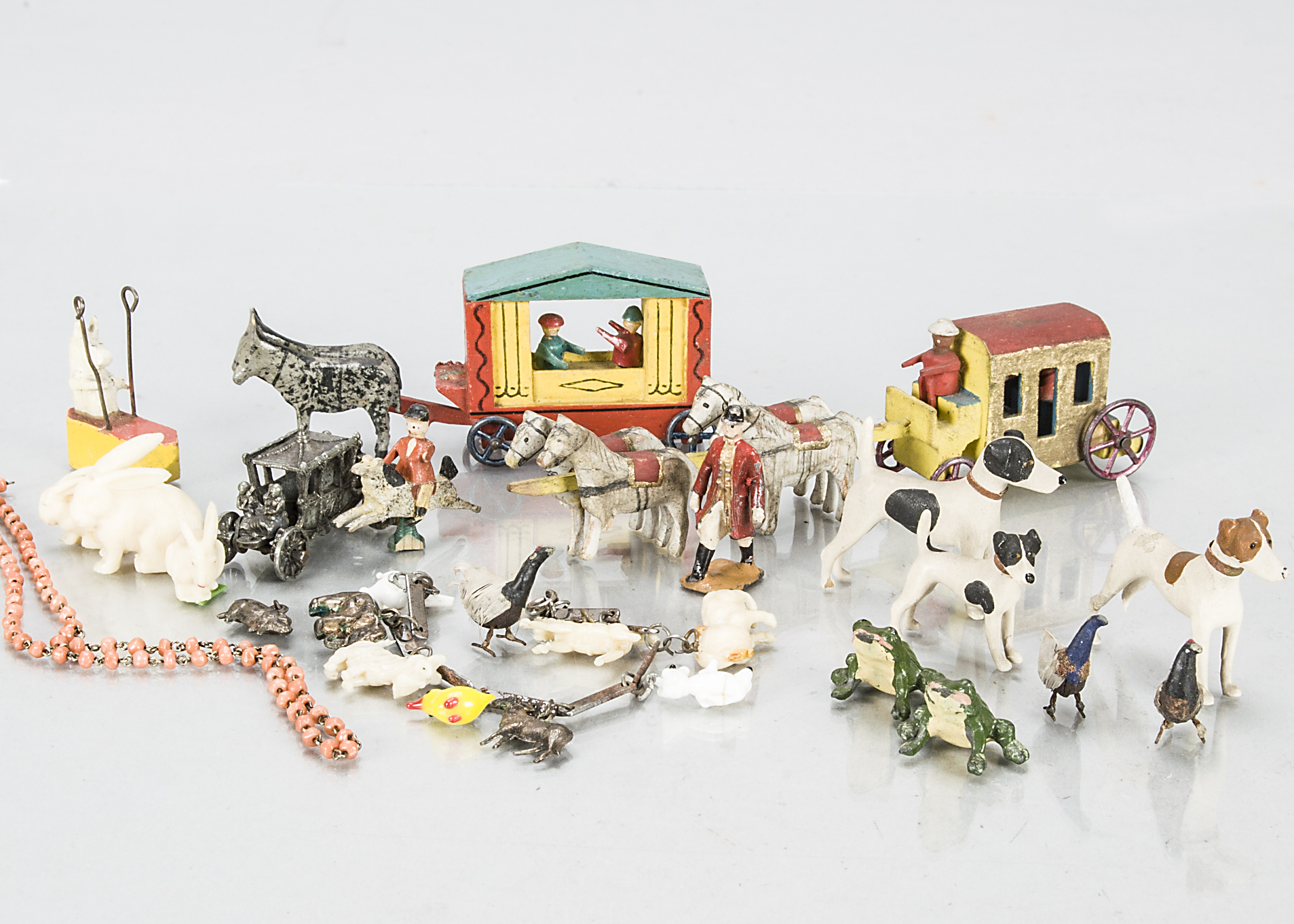 Miniature items and toys, three early German chickens with real feathers and metal feet —1in. (2.