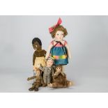 Various cloth dolls, a pressed felt doll with brown side glancing eyes, brown curly mohair wig,