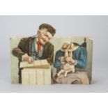A clockwork chromolithographic picture of an elderly couple, wooden box mounted, the couple sat, her