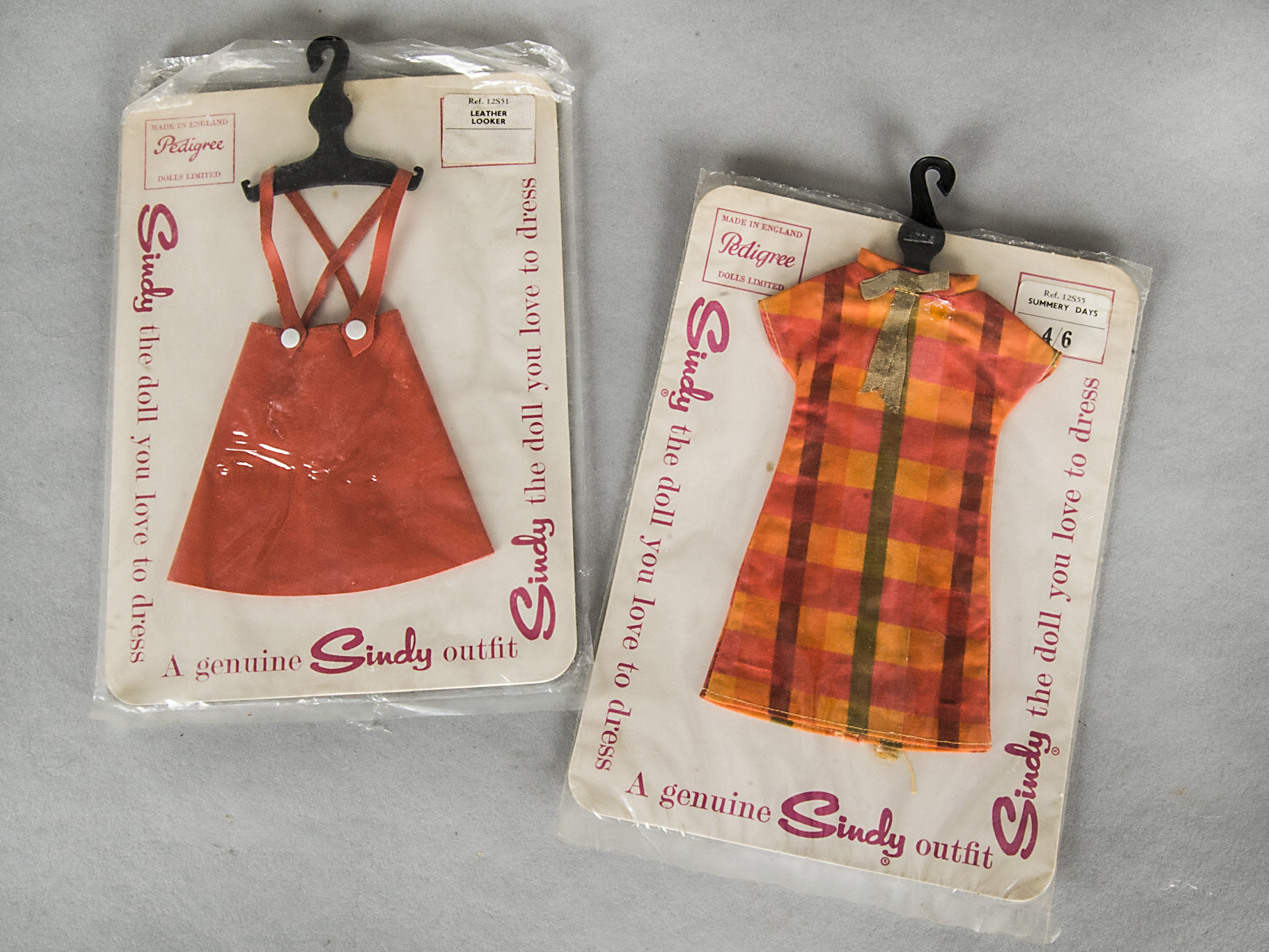 Pedigree Sindy carded outfits, 12S51 Leather Looker and 12S55 Summery Days, on cards in polythene