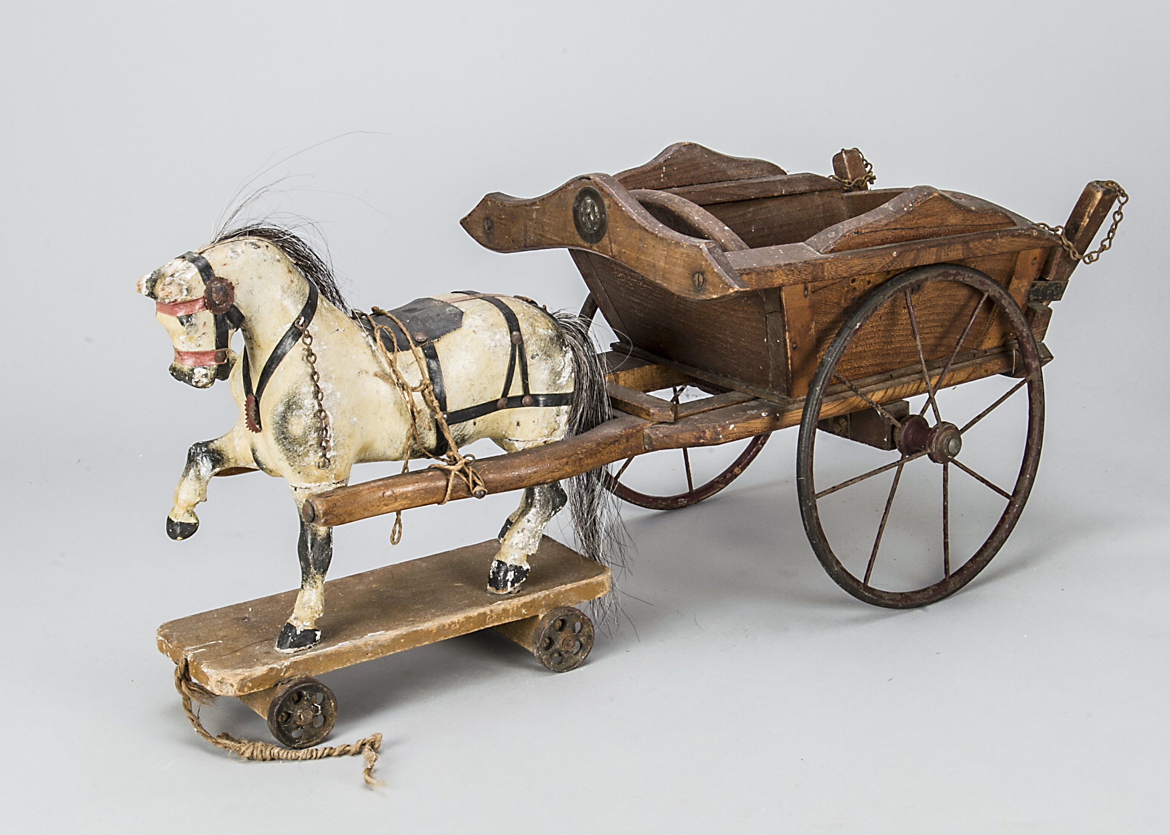 A G & J Lines horse drawn farm cart, the varnished wood tipping cart with metal wheels and opening