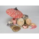 Doll’s accessories, four straw dolls’ hats variously trimmed —5½in. (14cm.) width of largest, two