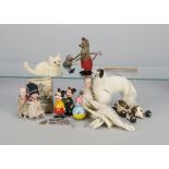 Various items, two all-bisque googly-type dolls with jointed arms (both damaged); a fur Borzoi —6in.