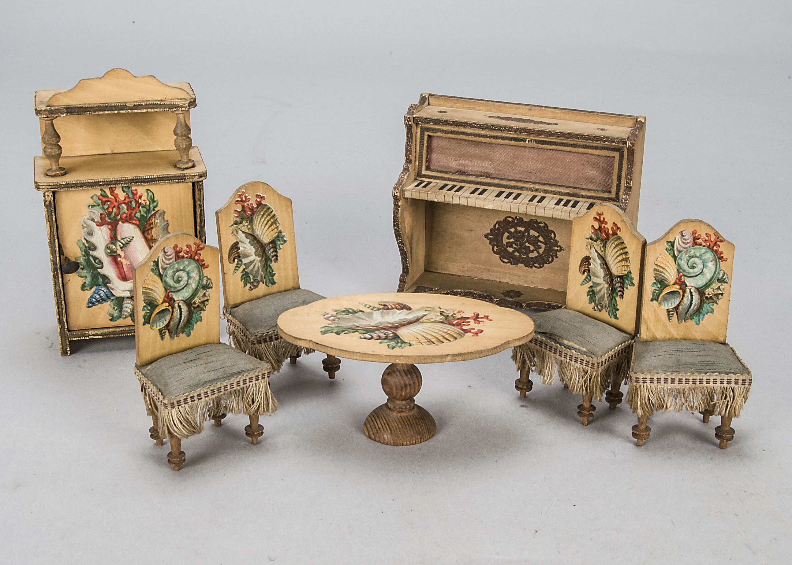 Rare German chromolithographic transfer decorated dolls’ house furniture, blonde wood with lustre