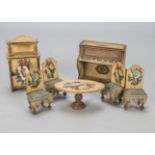 Rare German chromolithographic transfer decorated dolls’ house furniture, blonde wood with lustre