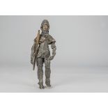 An interesting knight in armour, the figure with composition face, soft stuffed body, card