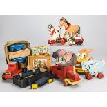 Wooden toys, six Dragon Toys Tipper Trucks, four in original boxes (damaged boxes), two Goatoy