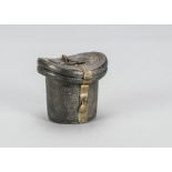 A 19th century miniature leather top hat travelling case, with brass banding and dummy padlock,