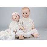 Two Armand Marseille 351 character babies, with blue sleeping eyes, blonde painted hair, bent-limbed