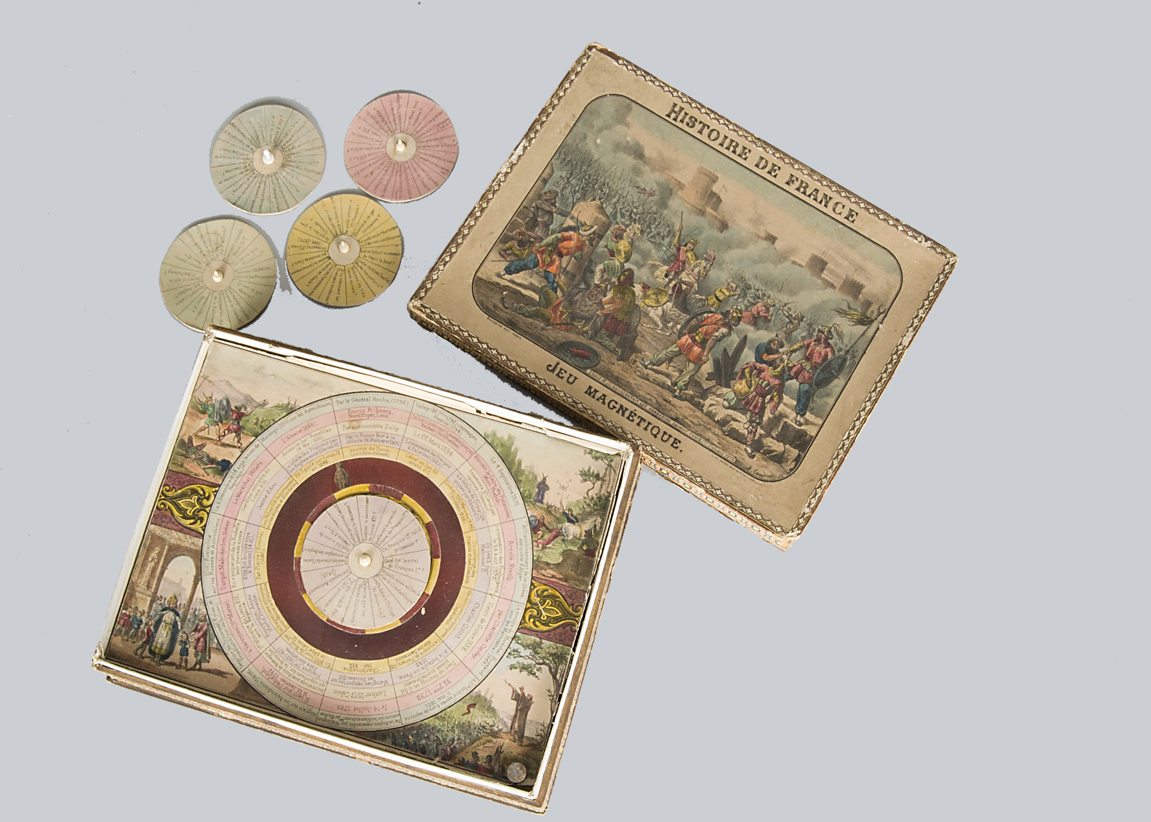 A late 19th century Leon Saussune Historie De France en Jeu Magnetique, magnetic game which asks