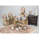 Large scale Oriental dolls’ house furniture and chattels, a set of wooden collapsible furniture