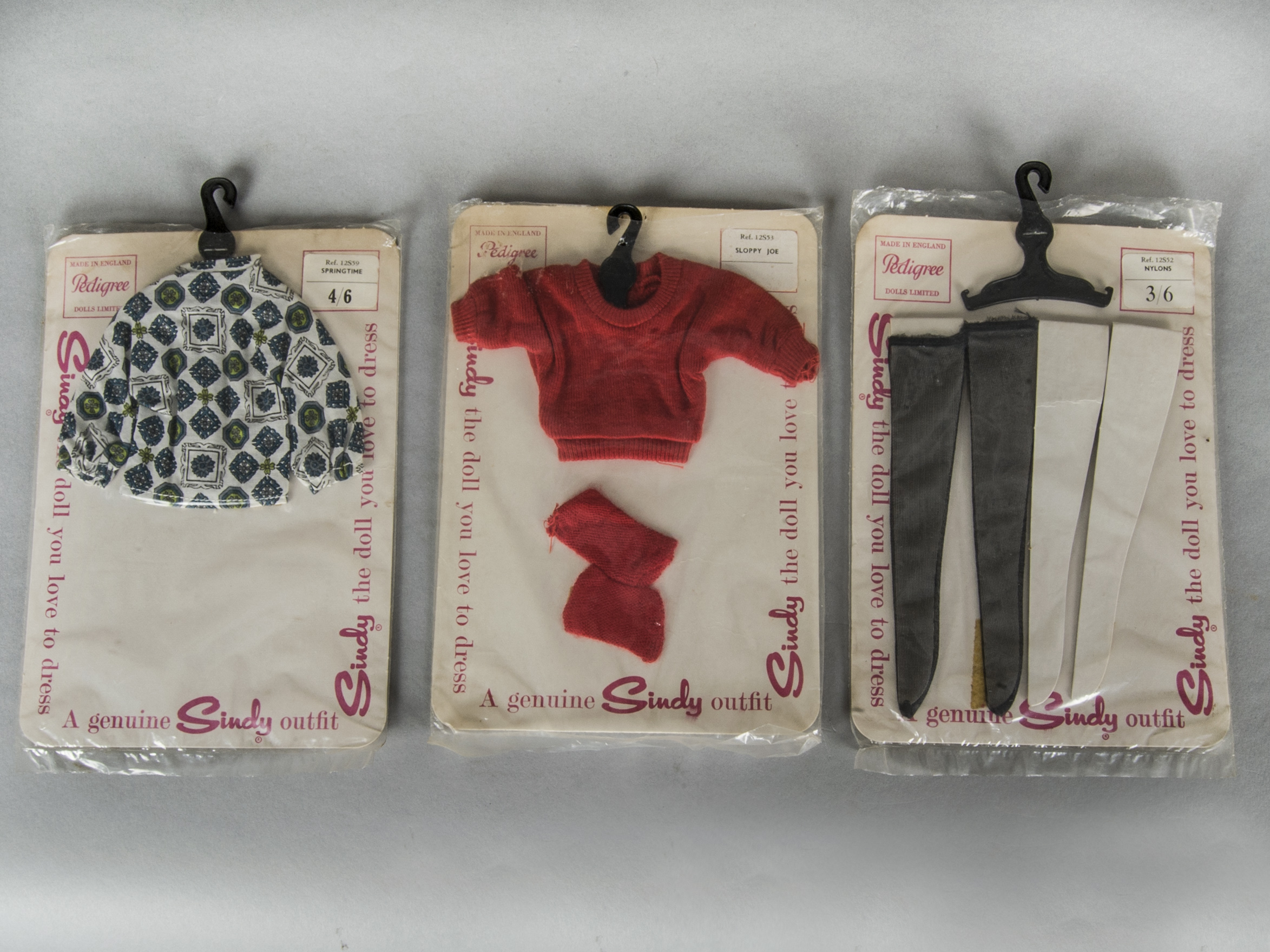 Pedigree Sindy carded outfits, 12S53 Sloppy Joe, 12S52 Nylons and 12S59 Springtime, on cards in