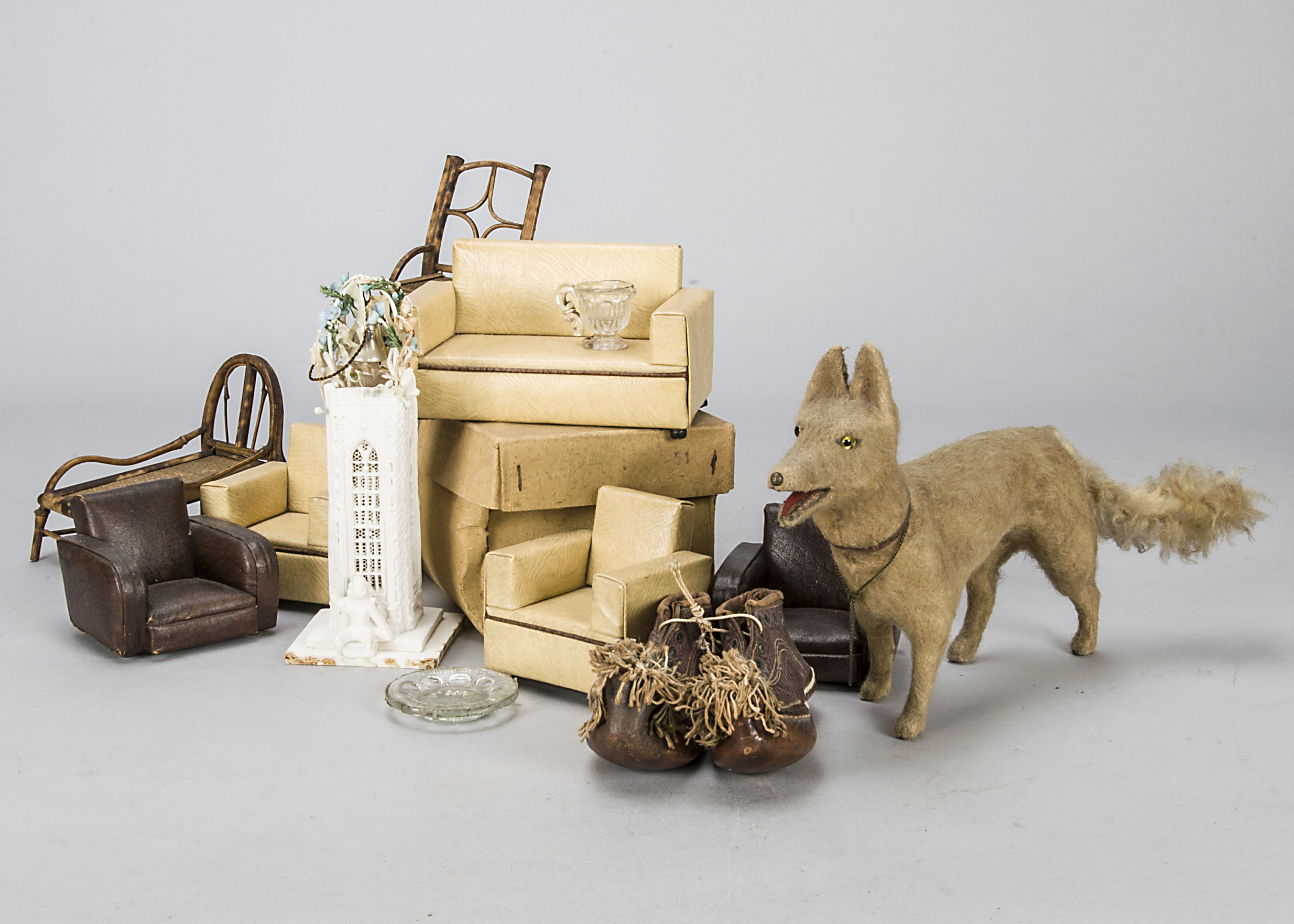 Various items, a German Shepherd or Wolf candy container 1920s, composition covered with light brown