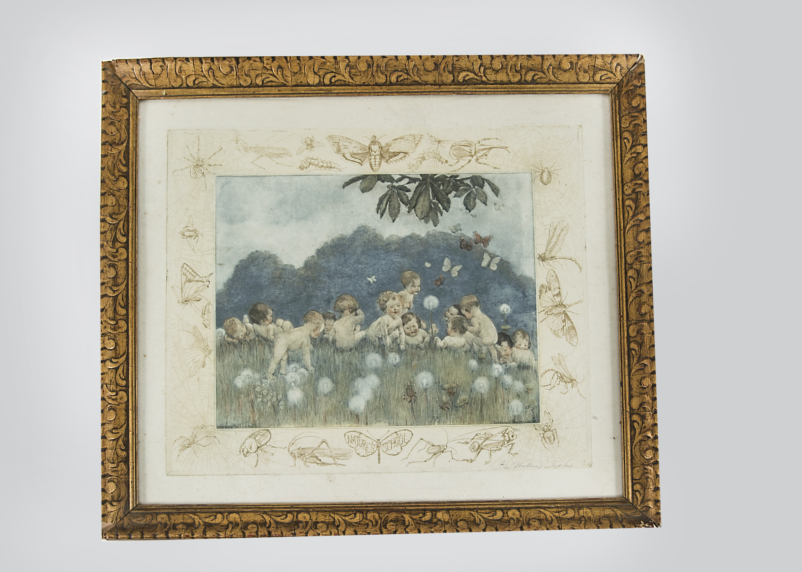 A Beatrice Pearse Nature’s School coloured print of a field of naked babies, with an insect