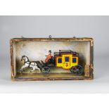 A German lithographed and painted tinplate mail coach, with yellow, red and blue carriage, two