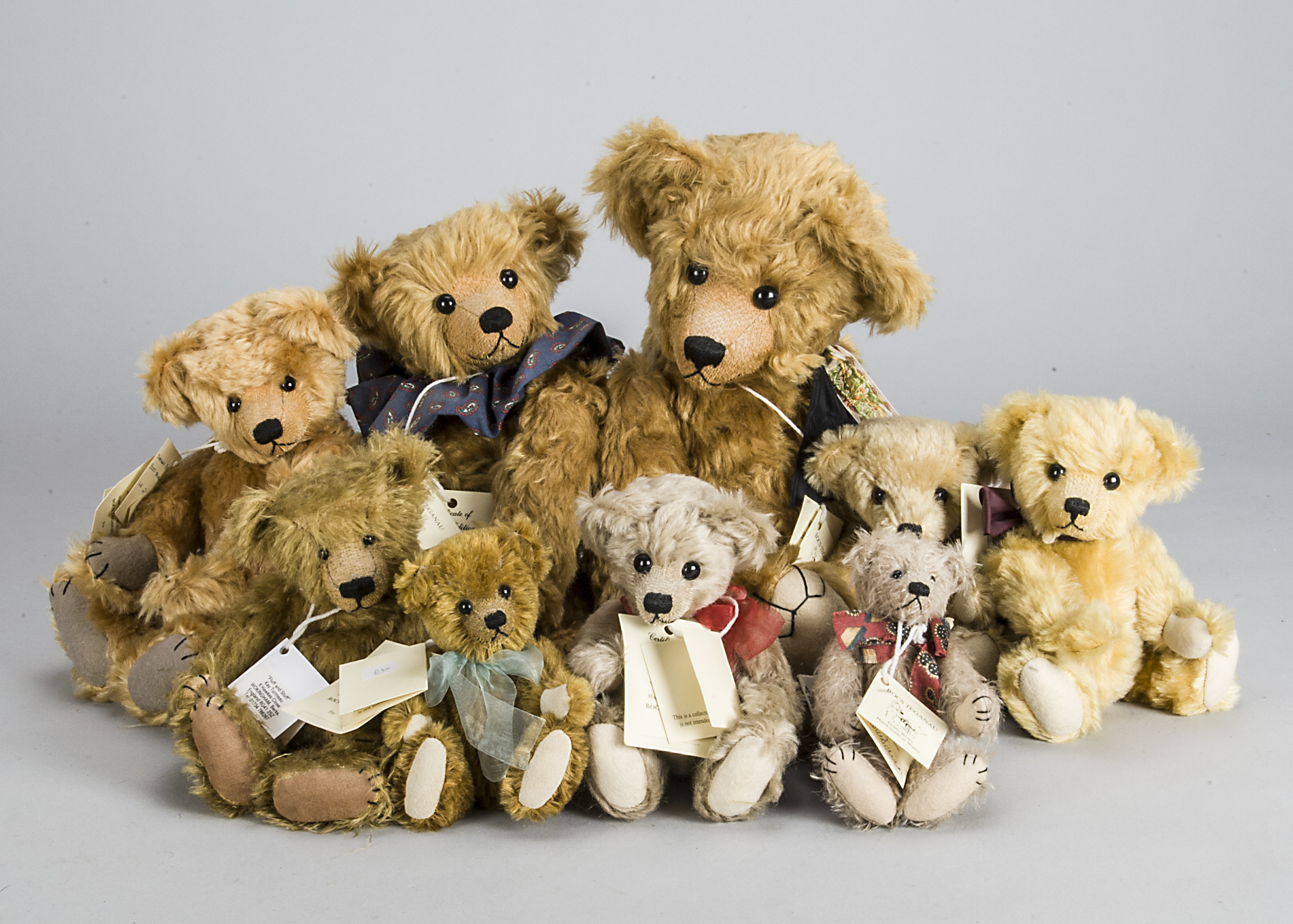 Nine Bocs Teganau artist teddy bears, including James —19in. (48.5cm.) high, Sylvester, Abergavenny,