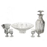 A quantity of glass to include a matching pair of heavy cut decanters, together with various