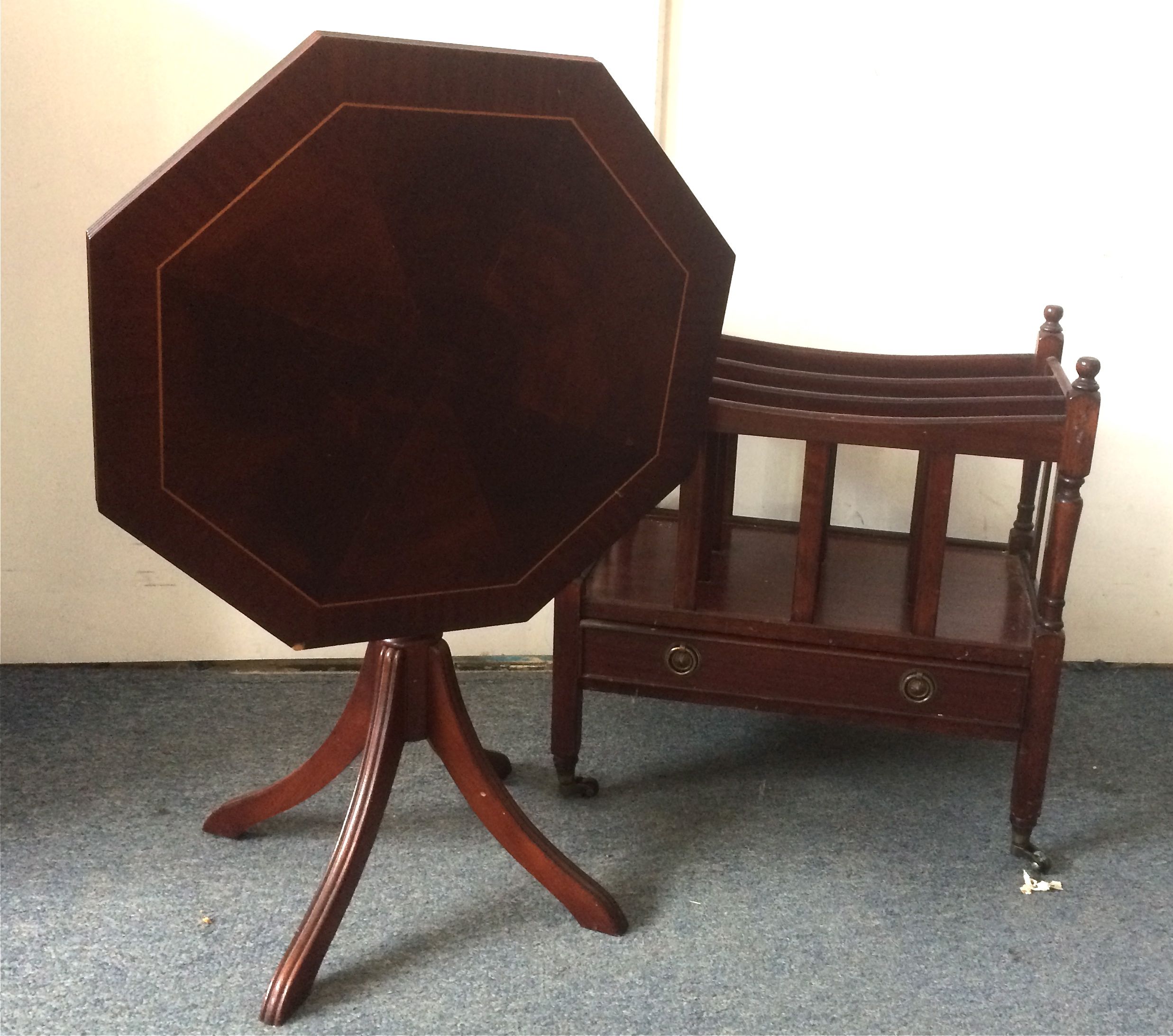 A contemporary mahogany Canterbury, together with a contemporary octagonal tripod tilt top table (2)